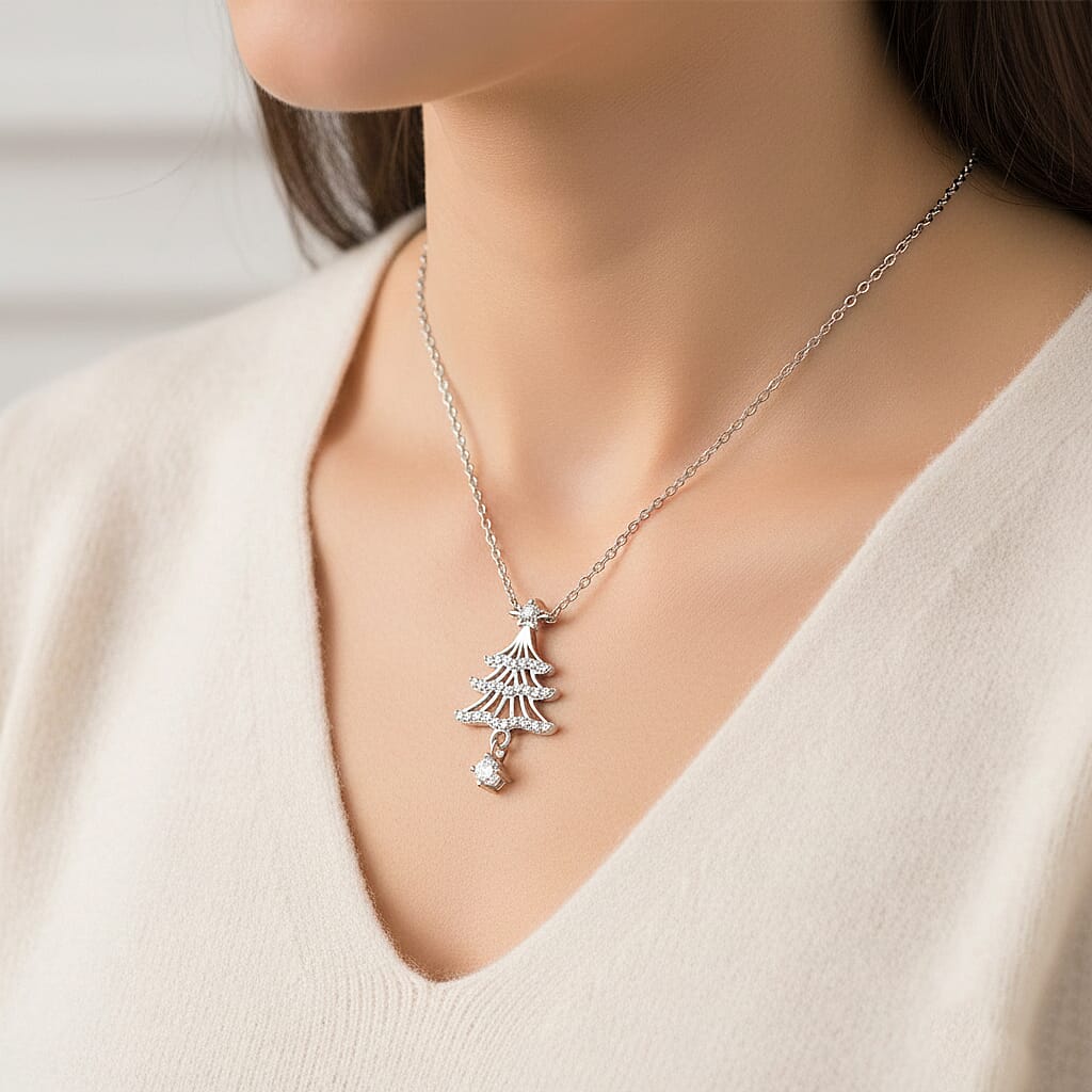 NY Close Out Deal- White Cubic Zirconia Christmas Tree Drop Necklace (Size - 18) in Rhodium Overlay Sterling Silver 8354681 3