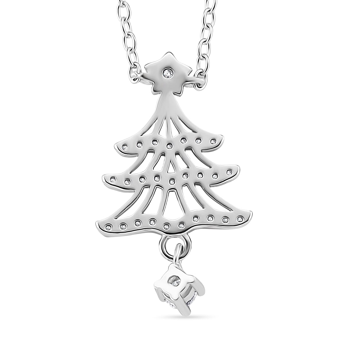 NY Close Out Deal- White Cubic Zirconia Christmas Tree Drop Necklace (Size - 18) in Rhodium Overlay Sterling Silver 8354681 5