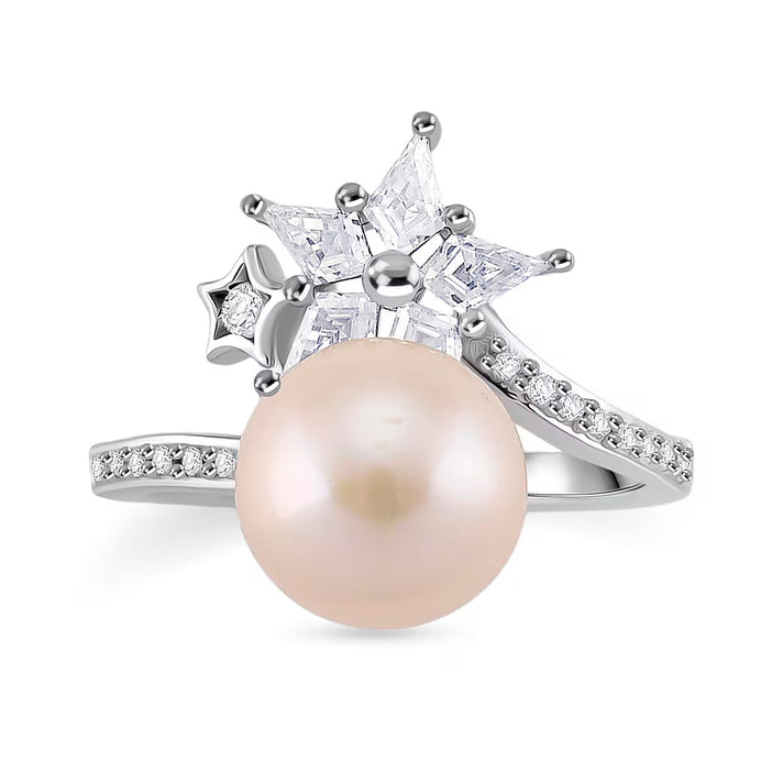 D'Joy White Edison Pearl, Moissanite &amp; White Zircon Ring in Rhodium Overlay Sterling Silver 9.20 Ct. 8287617 1
