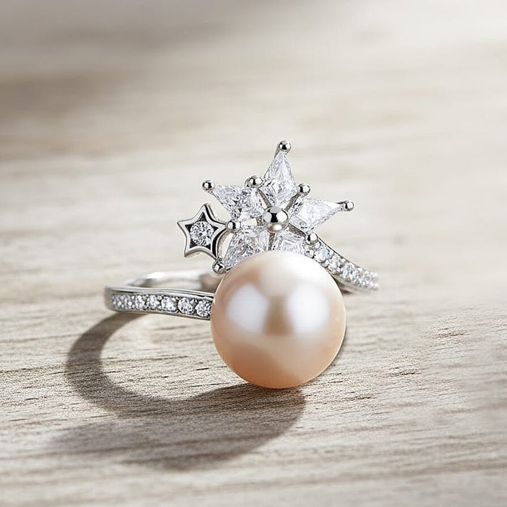 D'Joy White Edison Pearl, Moissanite &amp; White Zircon Ring in Rhodium Overlay Sterling Silver 9.20 Ct. 8287617 2