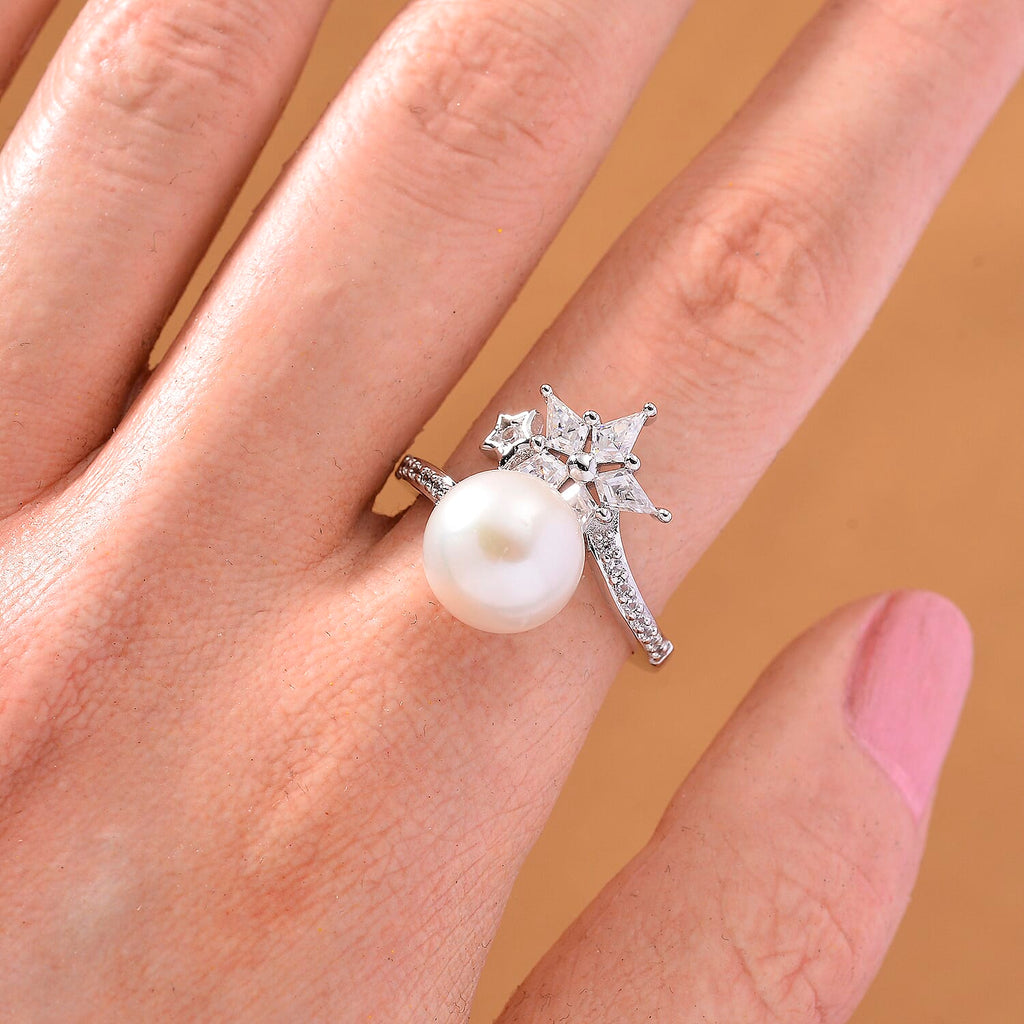 D'Joy White Edison Pearl, Moissanite & White Zircon Ring in Rhodium Overlay Sterling Silver 9.20 Ct.