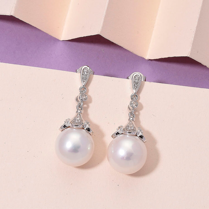 D'Joy 26.5 Ct. White Edison Pearl (12-13MM), White Zircon Dangling Earring with Push Back in Rhodium Overlay Sterling Silver 8309872 2