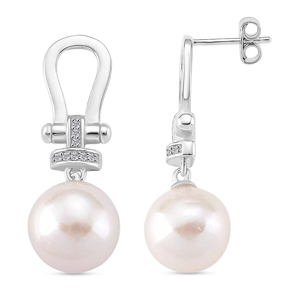 Designer Inspired - D'joy Edison Pearl & White Zircon Earring with Push Back in Rhodium Overlay Sterling Silver 19.82 Ct.