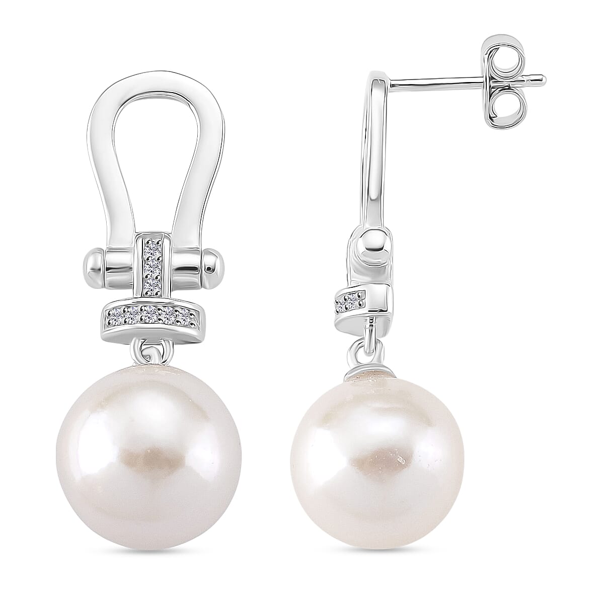 Designer Inspired - D'joy Edison Pearl &amp; White Zircon Earring with Push Back in Rhodium Overlay Sterling Silver 19.82 Ct. 8244868 0