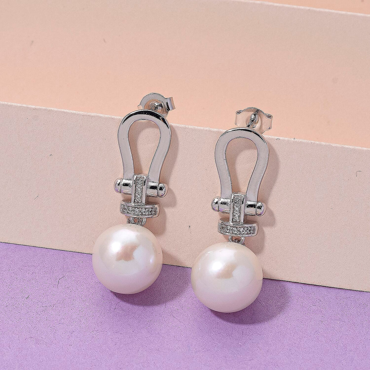 Designer Inspired - D'joy Edison Pearl &amp; White Zircon Earring with Push Back in Rhodium Overlay Sterling Silver 19.82 Ct. 8244868 1