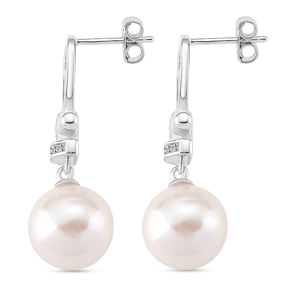 Designer Inspired - D'joy Edison Pearl & White Zircon Earring with Push Back in Rhodium Overlay Sterling Silver 19.82 Ct.