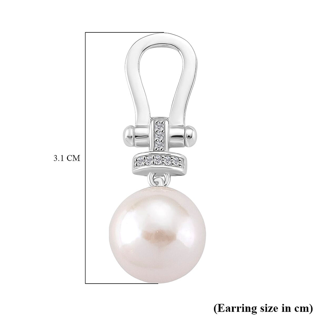 Designer Inspired - D'joy Edison Pearl & White Zircon Earring with Push Back in Rhodium Overlay Sterling Silver 19.82 Ct.