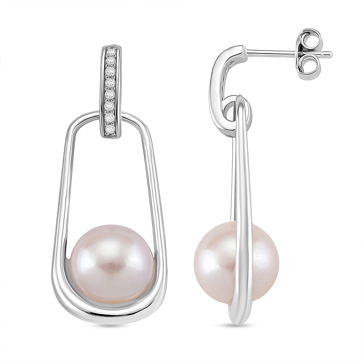 D'joy Edison Pearl &amp; White Zircon Earring with Push Back in Rhodium Overlay Sterling Silver 17.11 Ct. 8250084 0
