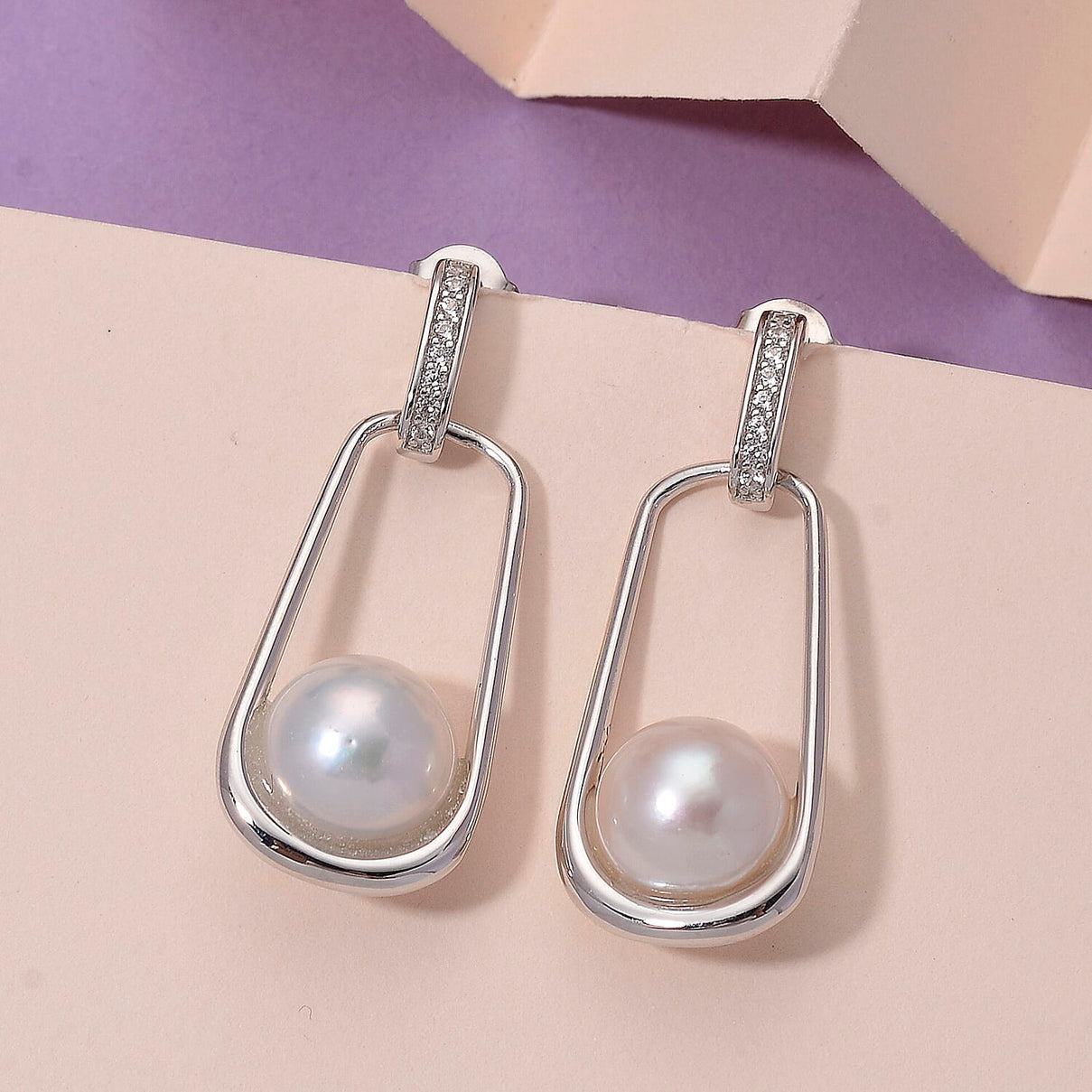 D'joy Edison Pearl &amp; White Zircon Earring with Push Back in Rhodium Overlay Sterling Silver 17.11 Ct. 8250084 1