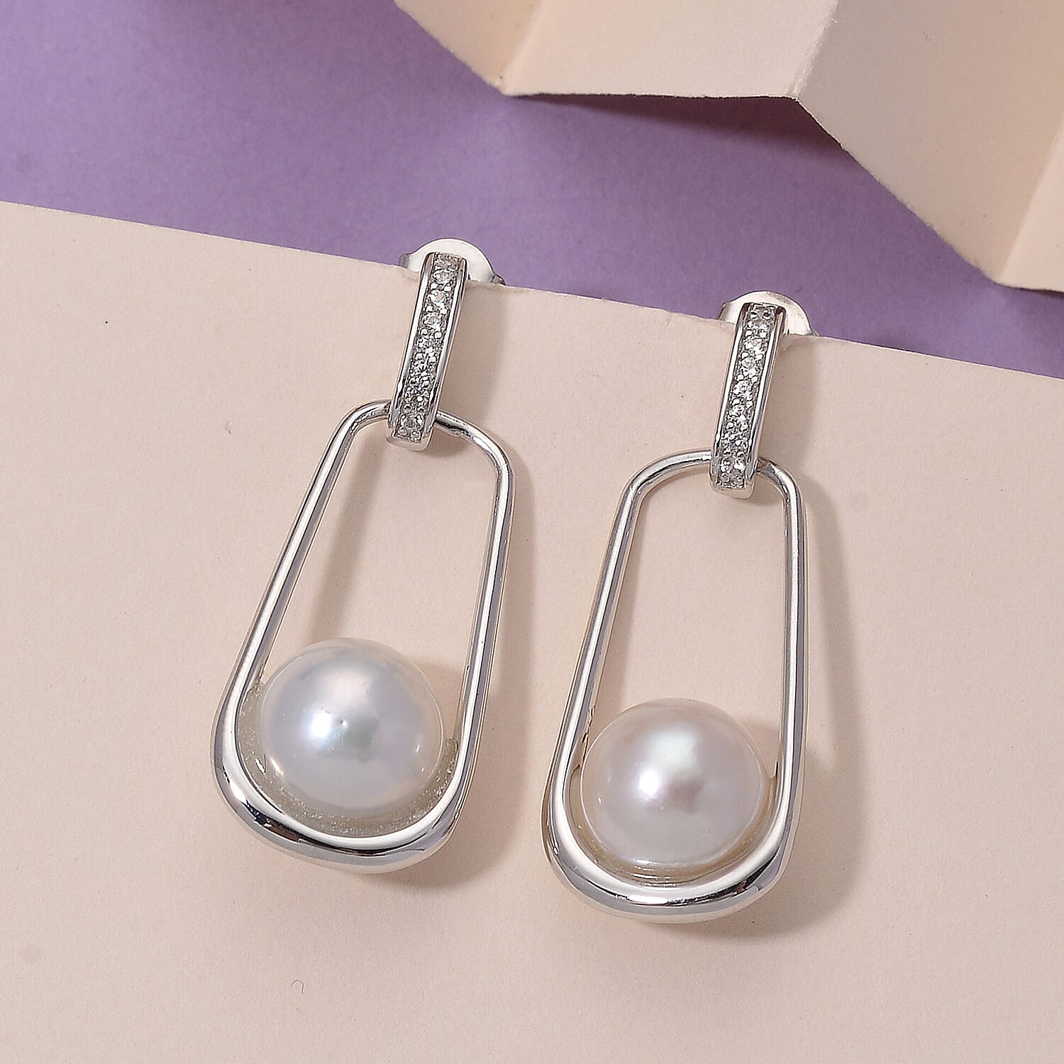 D'joy Edison Pearl &amp; White Zircon Earring with Push Back in Rhodium Overlay Sterling Silver 17.11 Ct. 8250084 1