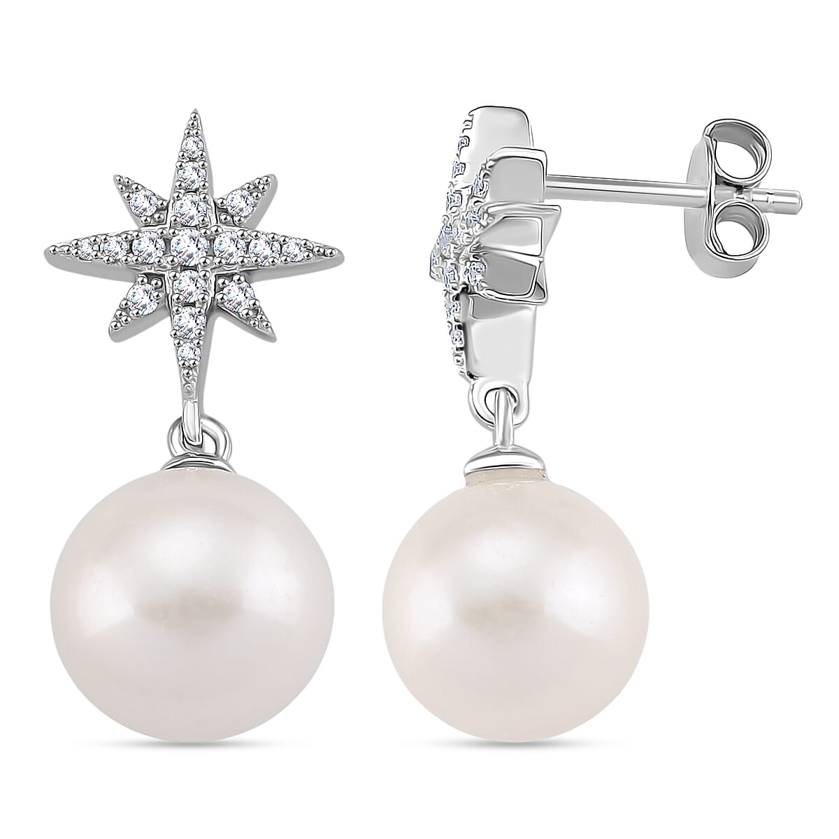 Designer Inspired - D'joy Edison Pearl &amp; White Zircon Earring with Push Back in Rhodium Overlay Sterling Silver 16.23 Ct. 8250162 0