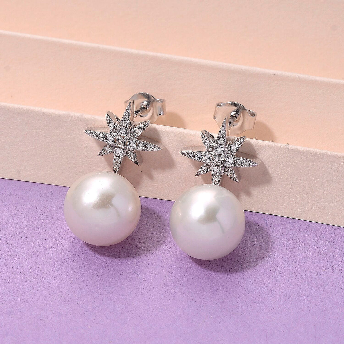 Designer Inspired - D'joy Edison Pearl &amp; White Zircon Earring with Push Back in Rhodium Overlay Sterling Silver 16.23 Ct. 8250162 1