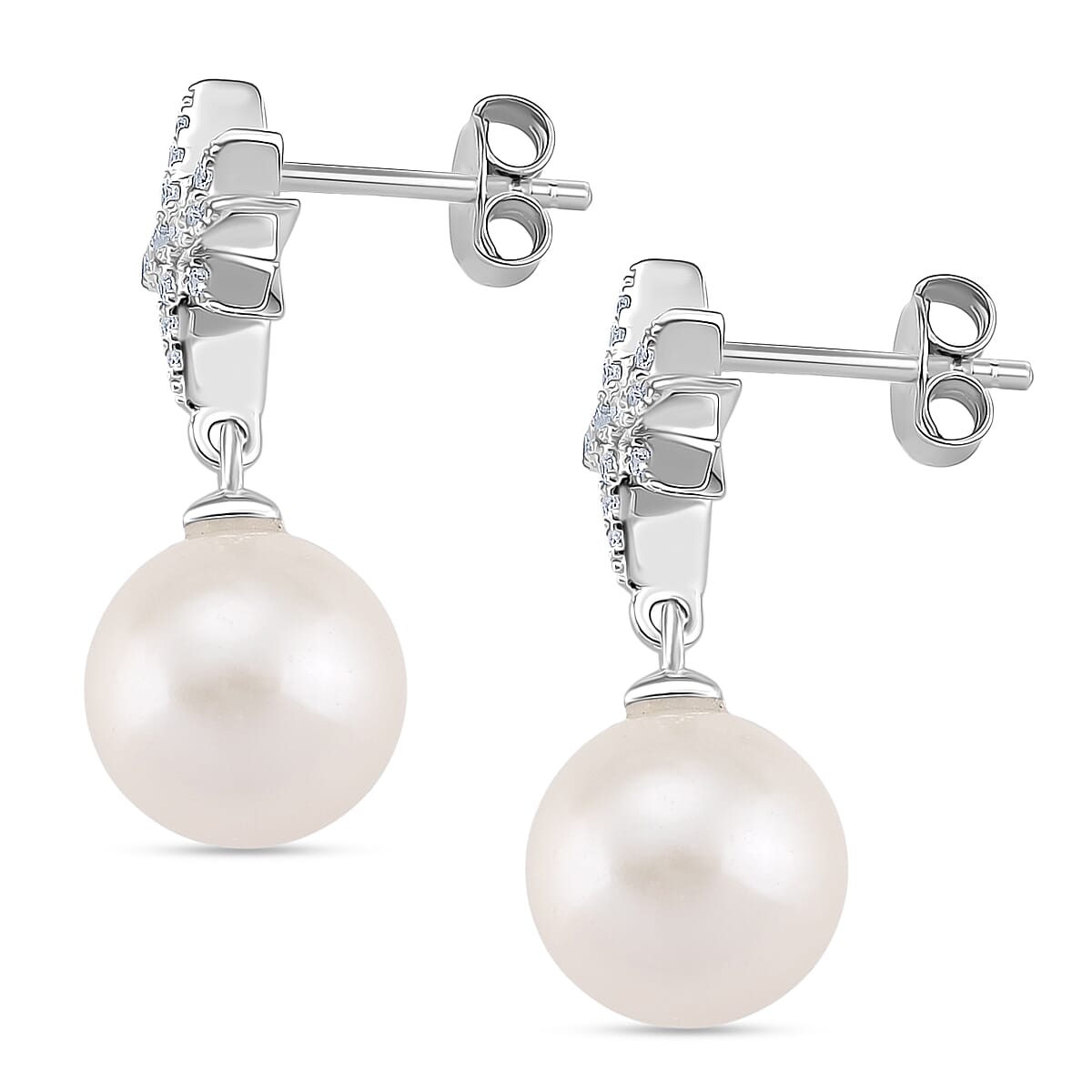 Designer Inspired - D'joy Edison Pearl &amp; White Zircon Earring with Push Back in Rhodium Overlay Sterling Silver 16.23 Ct. 8250162 3