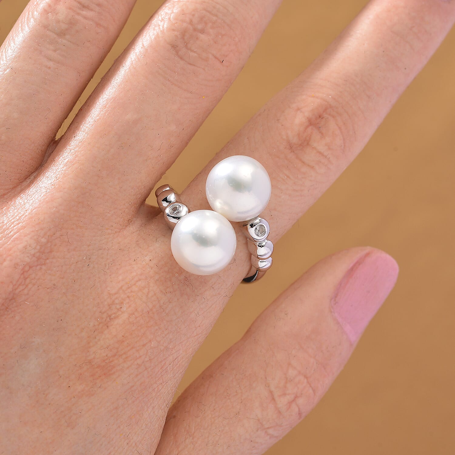 D'joy Edison Pearl &amp; White Zircon Ring in Rhodium Overlay Sterling Silver 15.98 Ct. 8249892 2