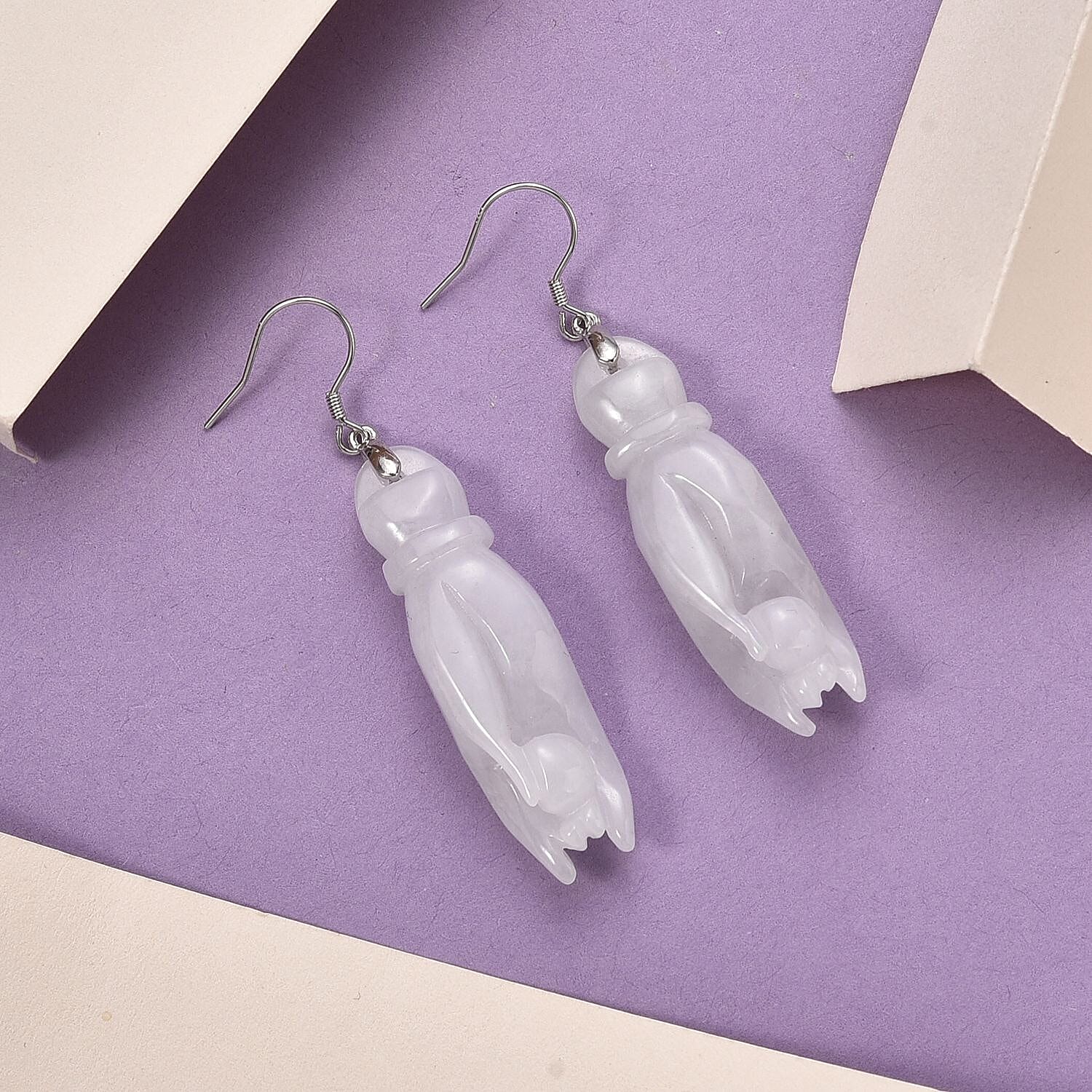 Natural Type A - White Jadeite Jade Buddha Hand Earring in Rhodium Overlay Sterling Silver 75.00 Ct. 8361054 2