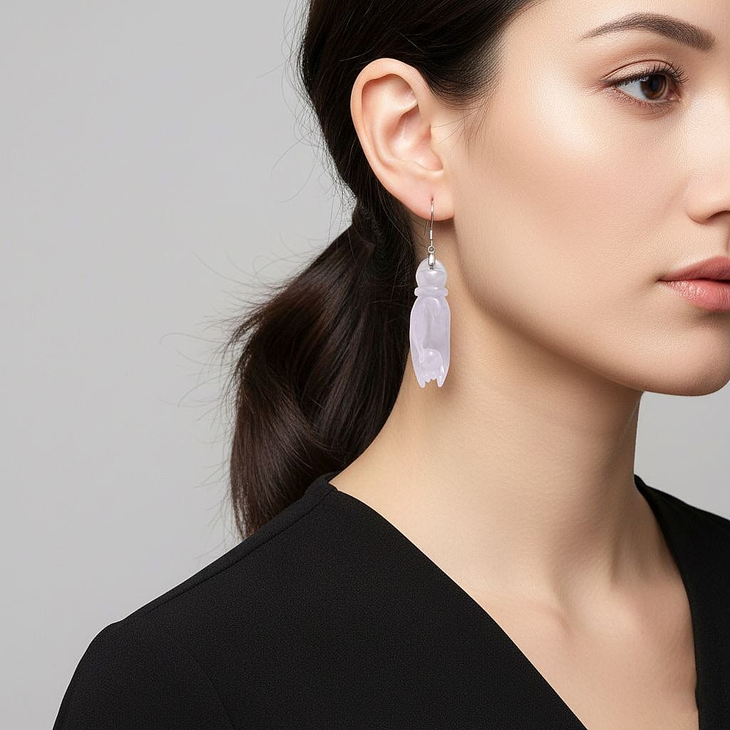 Natural Type A - White Jadeite Jade Buddha Hand Earring in Rhodium Overlay Sterling Silver 75.00 Ct. 8361054 3