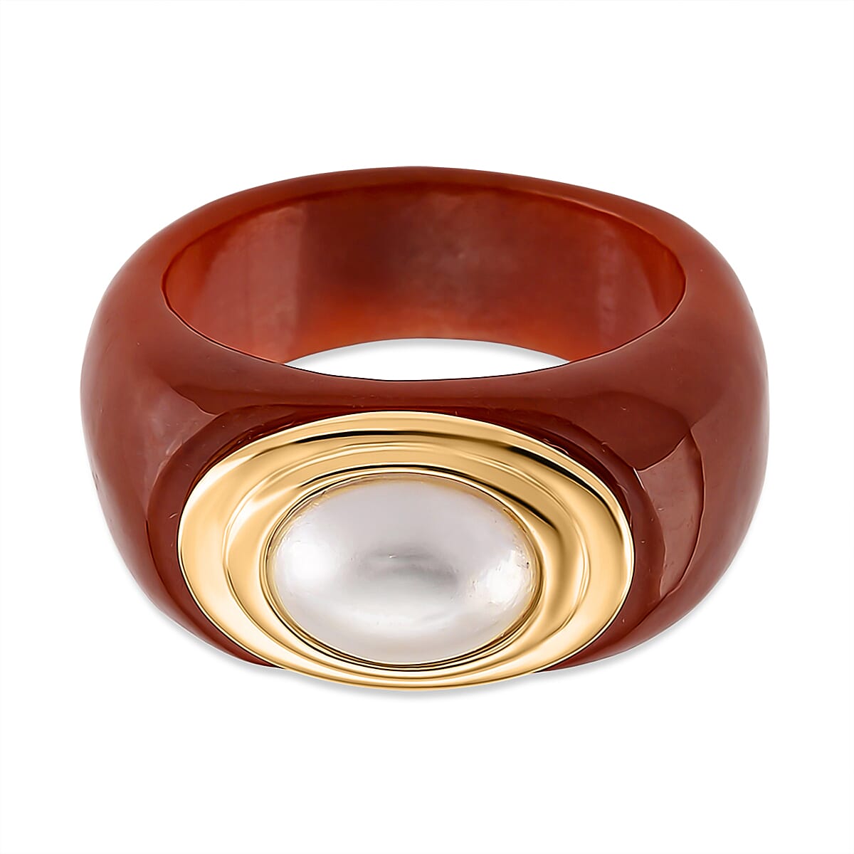 D'Joy White Mabe Pearl &amp; Enhanced Red Jade Ring in Rhodium Overlay Sterling Silver 35.49 Ct. 8258606 0