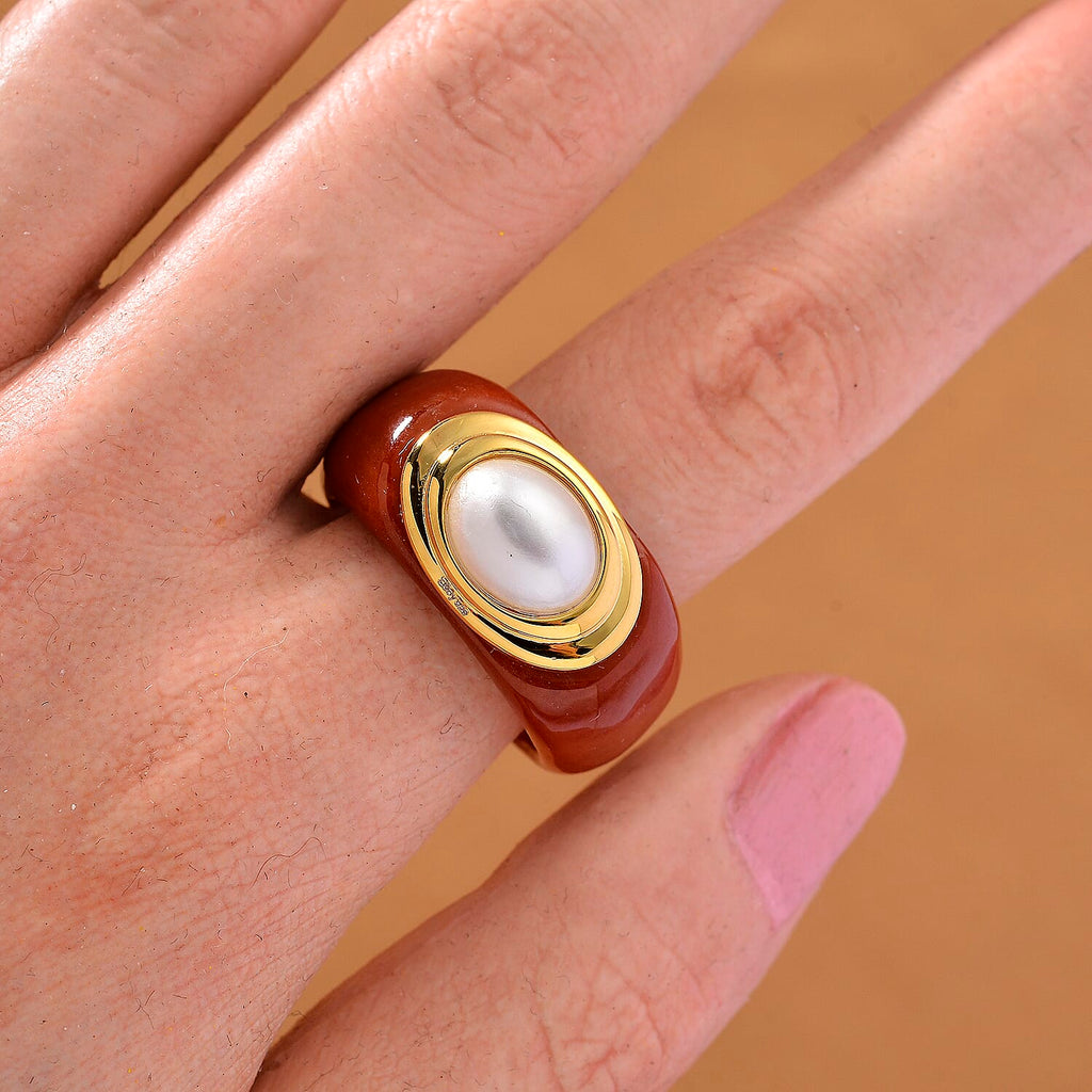 D'Joy White Mabe Pearl & Enhanced Red Jade Ring in Rhodium Overlay Sterling Silver 35.49 Ct.