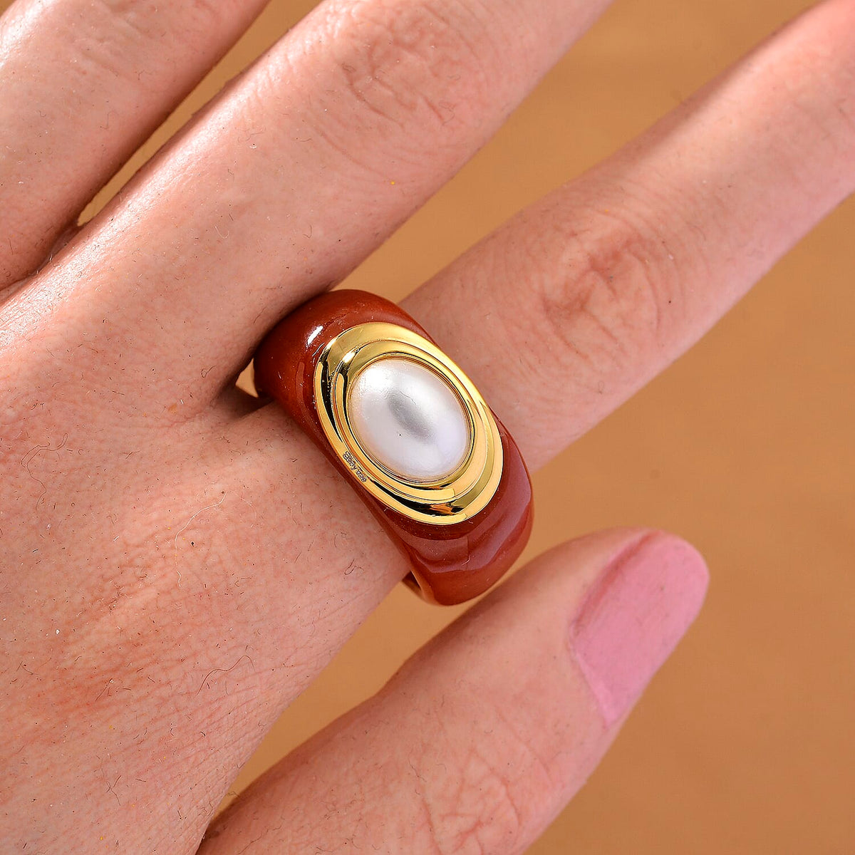 D'Joy White Mabe Pearl &amp; Enhanced Red Jade Ring in Rhodium Overlay Sterling Silver 35.49 Ct. 8258606 1