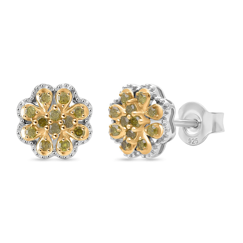 D'Joy Yellow Diamond Cluster Push Post Earring in Rhodium Overlay Sterling Silver 0.28 Ct