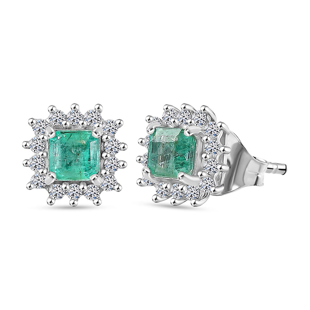 D'Joy AAA Gemfields Zambian Emerald & Lab Grown Diamond Stud Push Back Earring in Rhodium Overlay Sterling Silver 1.00 Ct
