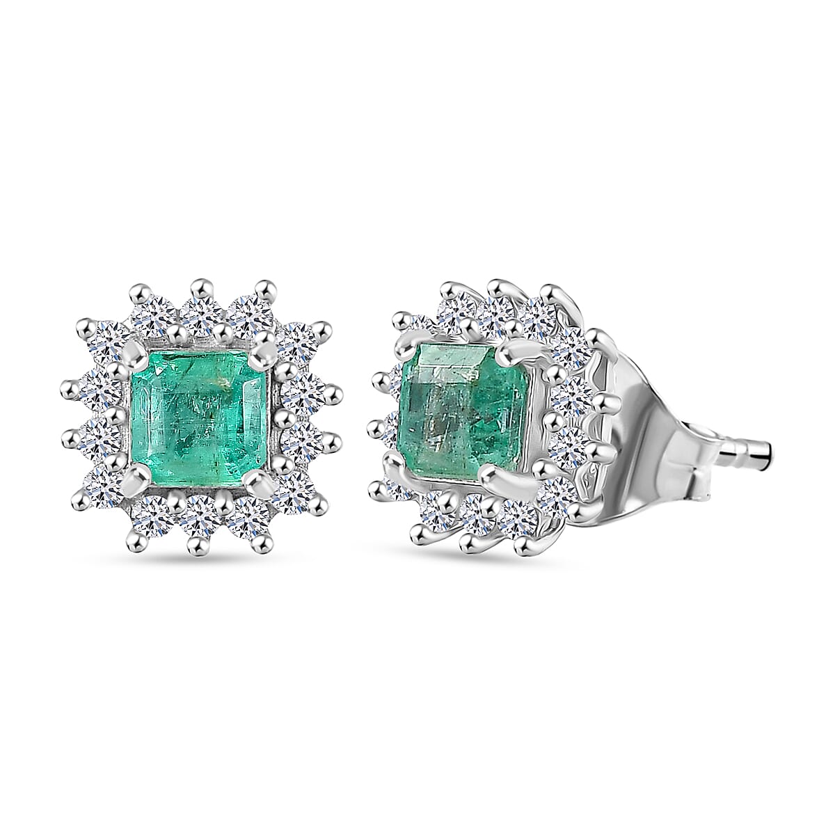 D'Joy AAA Gemfields Zambian Emerald &amp; Lab Grown Diamond Stud Push Back Earring in Rhodium Overlay Sterling Silver 1.00 Ct 8420909 0