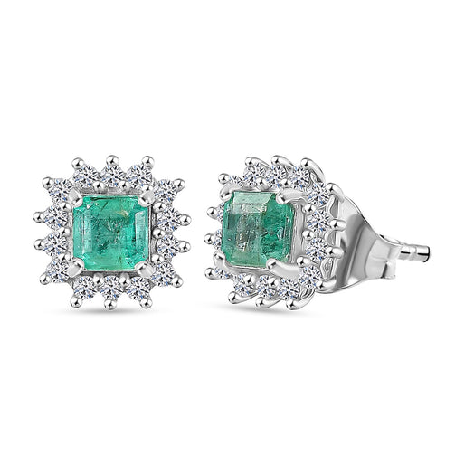 D'Joy AAA Gemfields Zambian Emerald & Lab Grown Diamond Stud Push Back Earring in Rhodium Overlay Sterling Silver 1.00 Ct