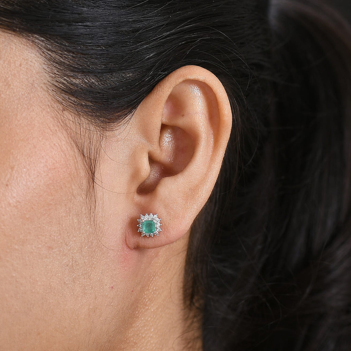 D'Joy AAA Gemfields Zambian Emerald &amp; Lab Grown Diamond Stud Push Back Earring in Rhodium Overlay Sterling Silver 1.00 Ct 8420909 2