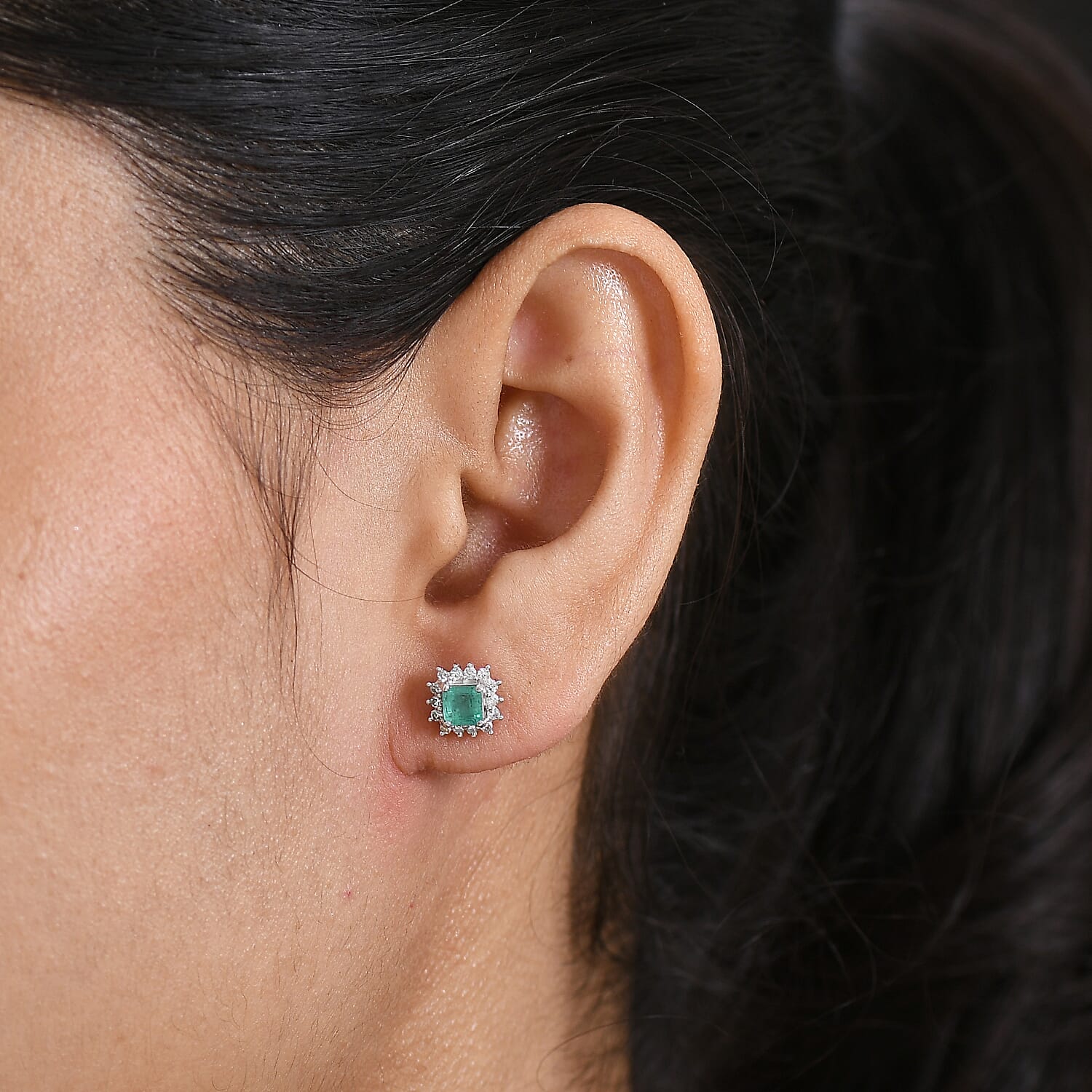D'Joy AAA Gemfields Zambian Emerald &amp; Lab Grown Diamond Stud Push Back Earring in Rhodium Overlay Sterling Silver 1.00 Ct 8420909 2