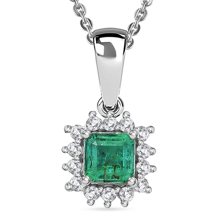 D'Joy AAA Premium Gemfields Zambian Emerald &amp; Lab Grown Diamond Halo Pendant with Chain (Size 20) in Rhodium Overlay Sterling Silver 4449477 1