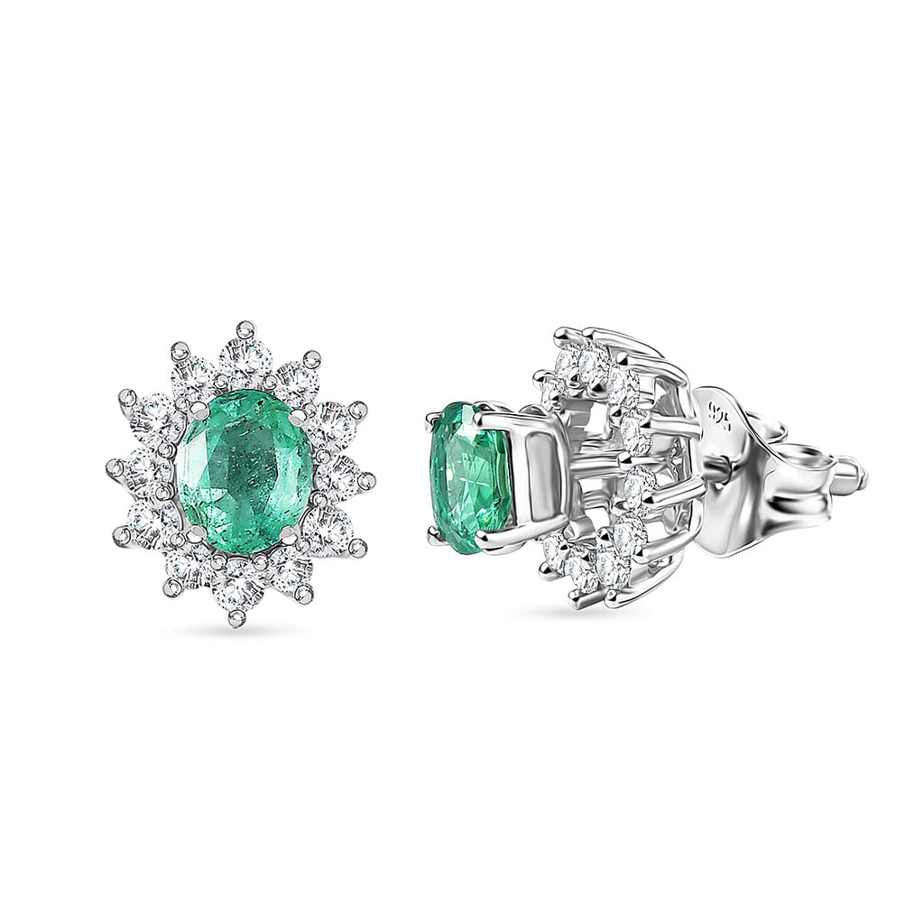 D'Joy AAA Premium Gemfields Zambian Emerald & White Zircon Sunburst Stud Earring with Push Back in Rhodium Overlay Sterling Silver 1.20 Ct.