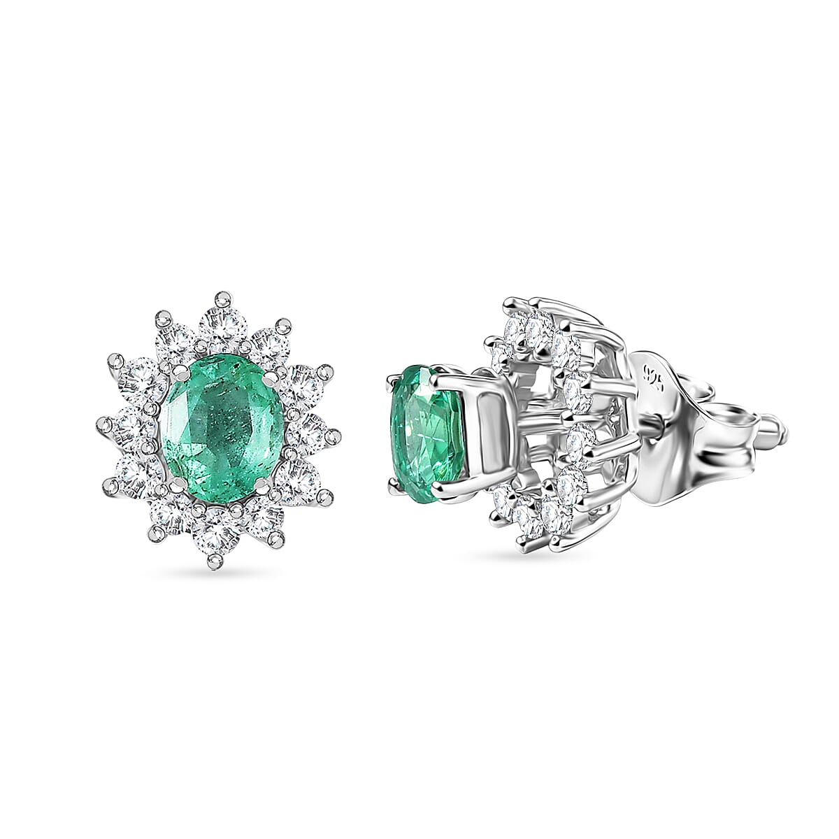 D'Joy AAA Premium Gemfields Zambian Emerald &amp; White Zircon Sunburst Stud Earring with Push Back in Rhodium Overlay Sterling Silver 1.20 Ct. 8420926 0