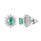 D'Joy AAA Premium Gemfields Zambian Emerald & White Zircon Sunburst Stud Earring with Push Back in Rhodium Overlay Sterling Silver 1.20 Ct.