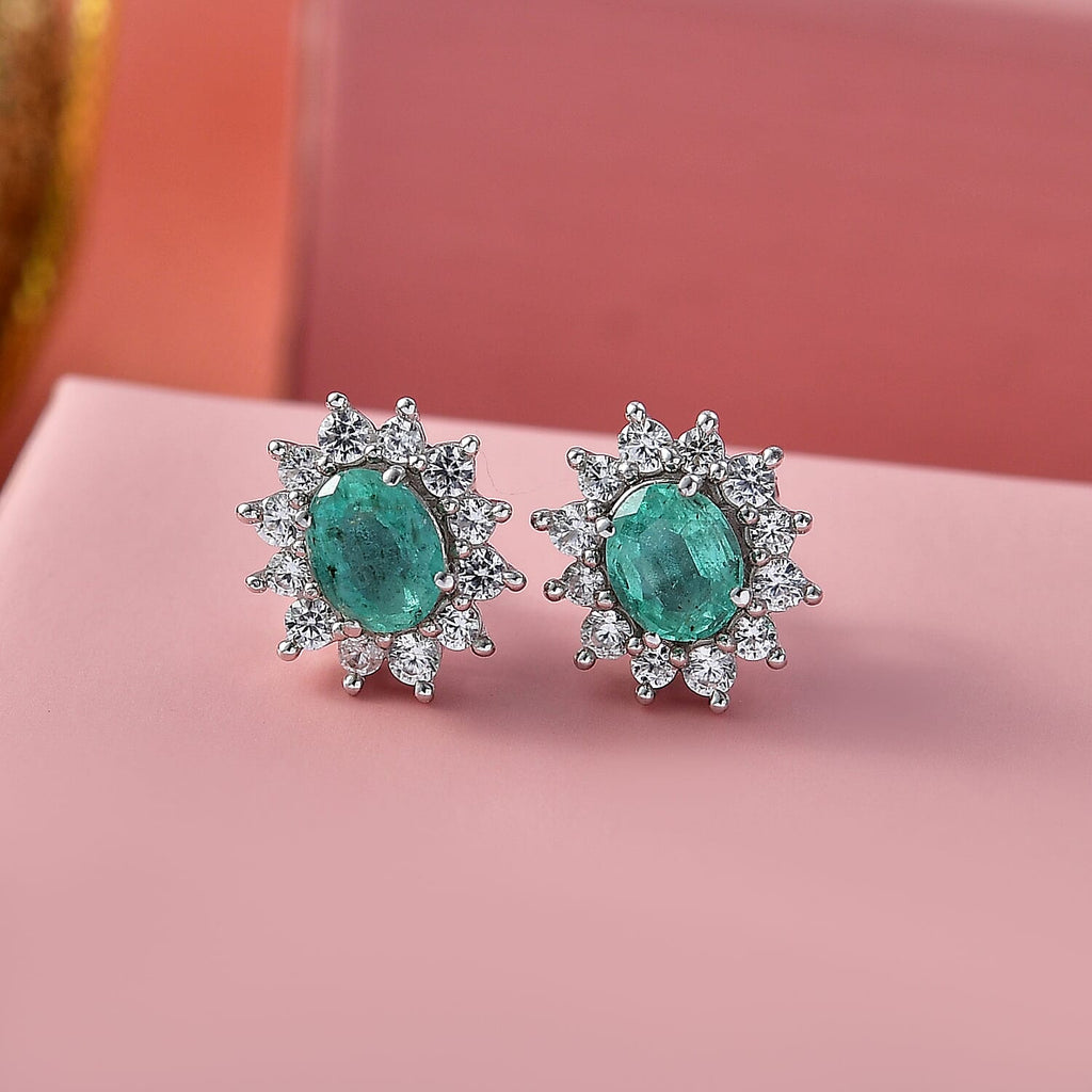 D'Joy AAA Premium Gemfields Zambian Emerald & White Zircon Sunburst Stud Earring with Push Back in Rhodium Overlay Sterling Silver 1.20 Ct.