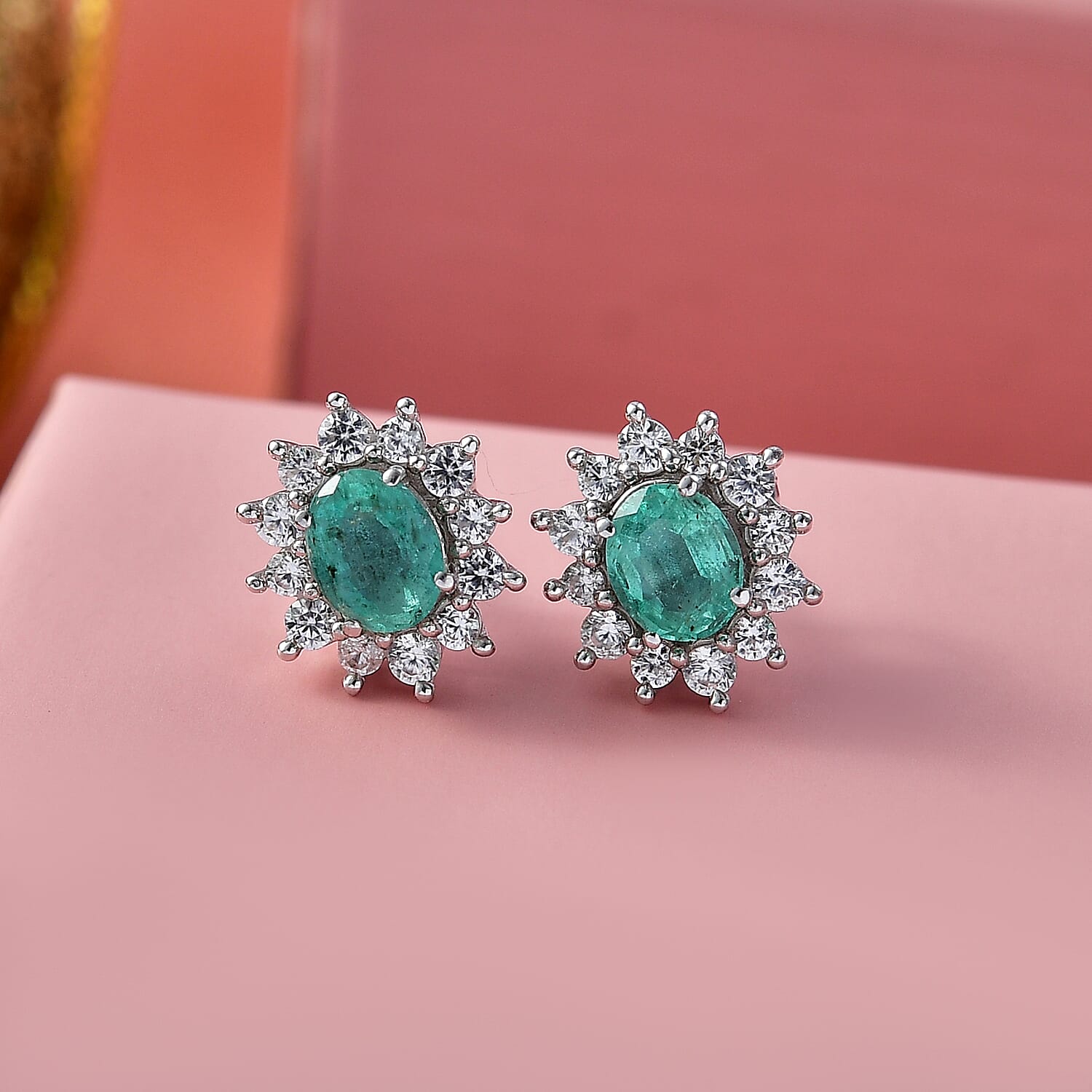 D'Joy AAA Premium Gemfields Zambian Emerald &amp; White Zircon Sunburst Stud Earring with Push Back in Rhodium Overlay Sterling Silver 1.20 Ct. 8420926 2