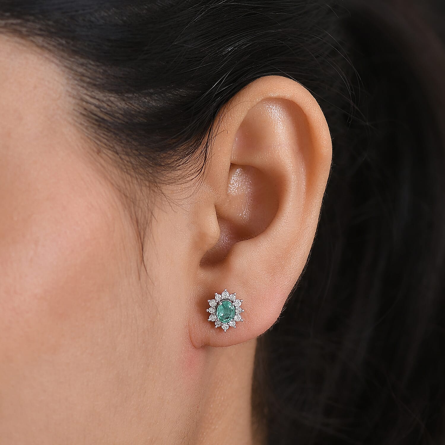 D'Joy AAA Premium Gemfields Zambian Emerald &amp; White Zircon Sunburst Stud Earring with Push Back in Rhodium Overlay Sterling Silver 1.20 Ct. 8420926 3
