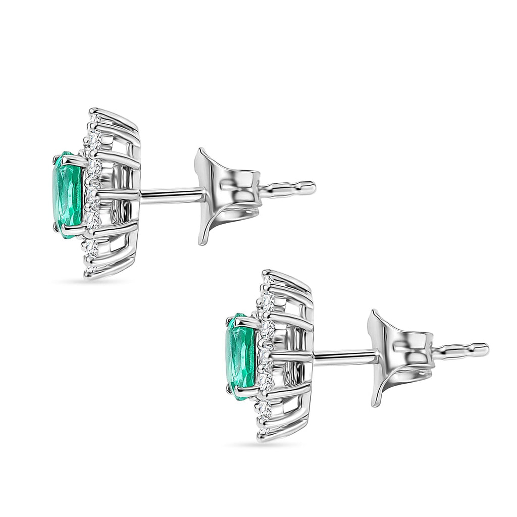 D'Joy AAA Premium Gemfields Zambian Emerald & White Zircon Sunburst Stud Earring with Push Back in Rhodium Overlay Sterling Silver 1.20 Ct.