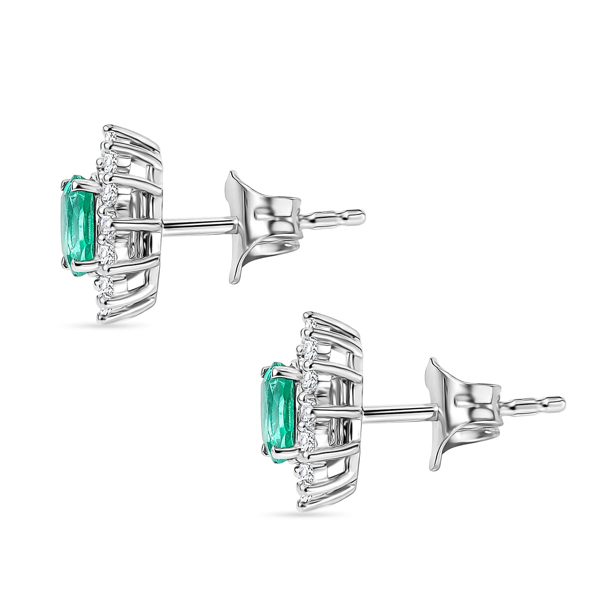 D'Joy AAA Premium Gemfields Zambian Emerald &amp; White Zircon Sunburst Stud Earring with Push Back in Rhodium Overlay Sterling Silver 1.20 Ct. 8420926 5