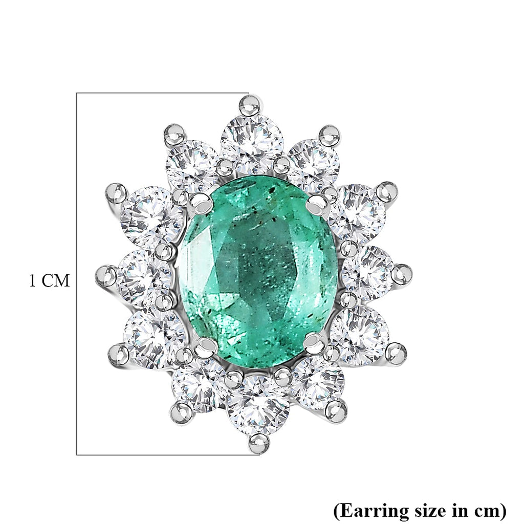 D'Joy AAA Premium Gemfields Zambian Emerald & White Zircon Sunburst Stud Earring with Push Back in Rhodium Overlay Sterling Silver 1.20 Ct.