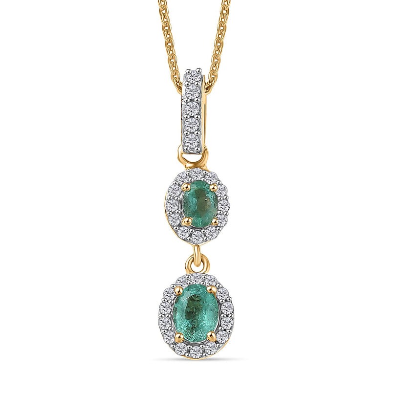 D'Joy AAA Gemfields Zambian Emerald & White Zircon Double Halo Drop Pendant with Chain (Size 20) in 18K Vermeil Yellow Gold Plated Sterling Silver