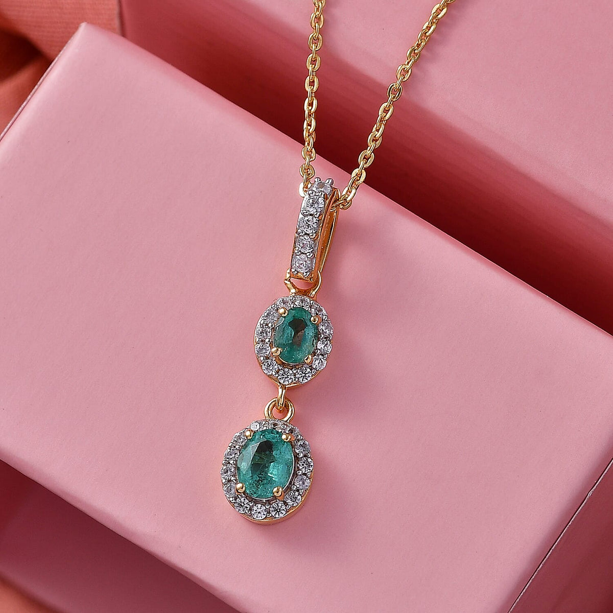D'Joy AAA Gemfields Zambian Emerald &amp; White Zircon Double Halo Drop Pendant with Chain (Size 20) in 18K Vermeil Yellow Gold Plated Sterling Silver V32732670 2