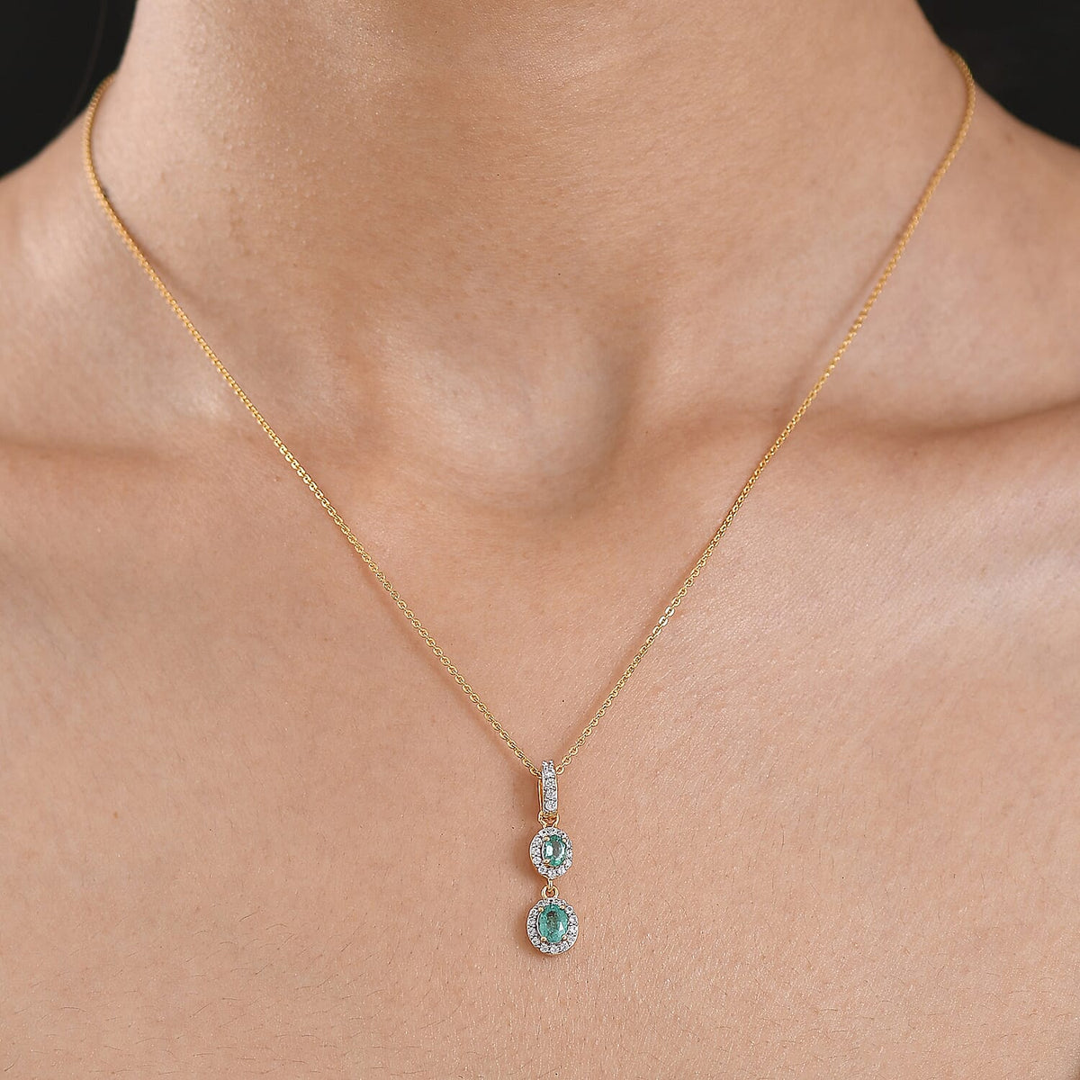 D'Joy AAA Gemfields Zambian Emerald &amp; White Zircon Double Halo Drop Pendant with Chain (Size 20) in 18K Vermeil Yellow Gold Plated Sterling Silver V32732670 3