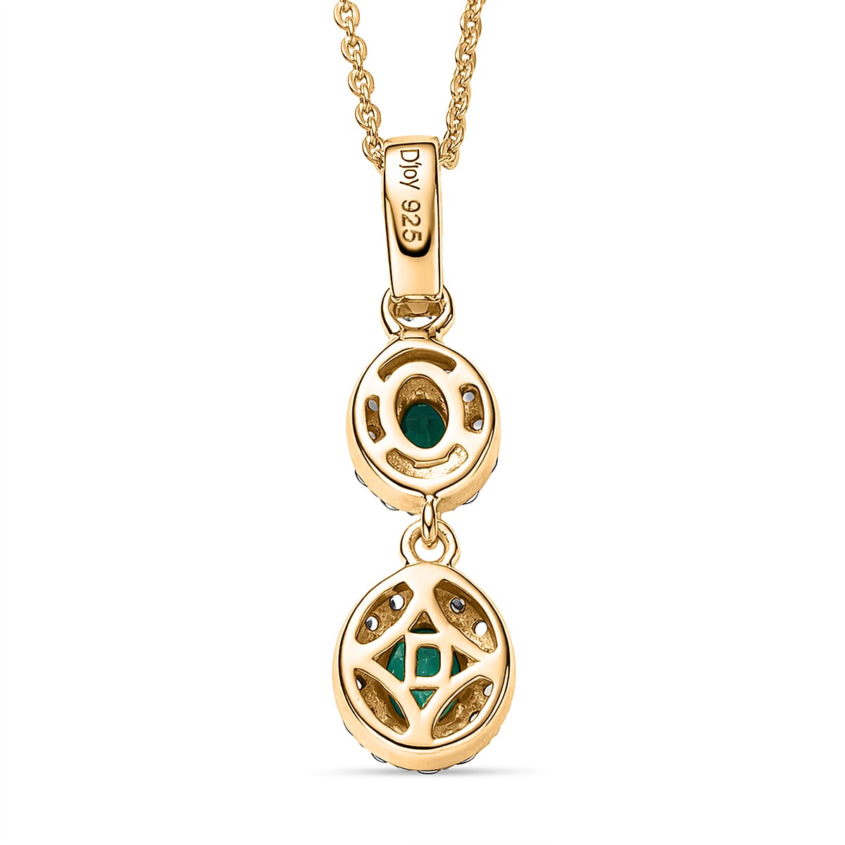 D'Joy AAA Gemfields Zambian Emerald &amp; White Zircon Double Halo Drop Pendant with Chain (Size 20) in 18K Vermeil Yellow Gold Plated Sterling Silver V32732670 5