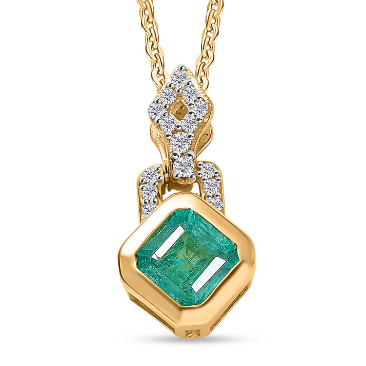 D'Joy - AAA Premium Gemfields Zambian Emerald Cut &amp; White Zircon Drop Pendant with Chain (Size 20) in 18K Vermeil Yellow Gold Plated Sterling Silver 4449471 1