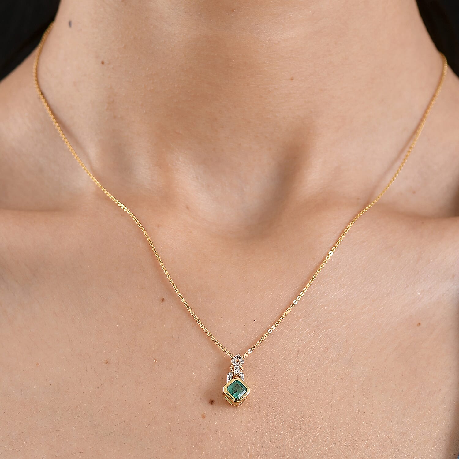 D'Joy - AAA Premium Gemfields Zambian Emerald Cut &amp; White Zircon Drop Pendant with Chain (Size 20) in 18K Vermeil Yellow Gold Plated Sterling Silver 4449471 3