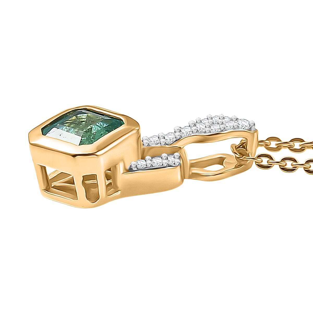 D'Joy - AAA Premium Gemfields Zambian Emerald Cut &amp; White Zircon Drop Pendant with Chain (Size 20) in 18K Vermeil Yellow Gold Plated Sterling Silver 4449471 4