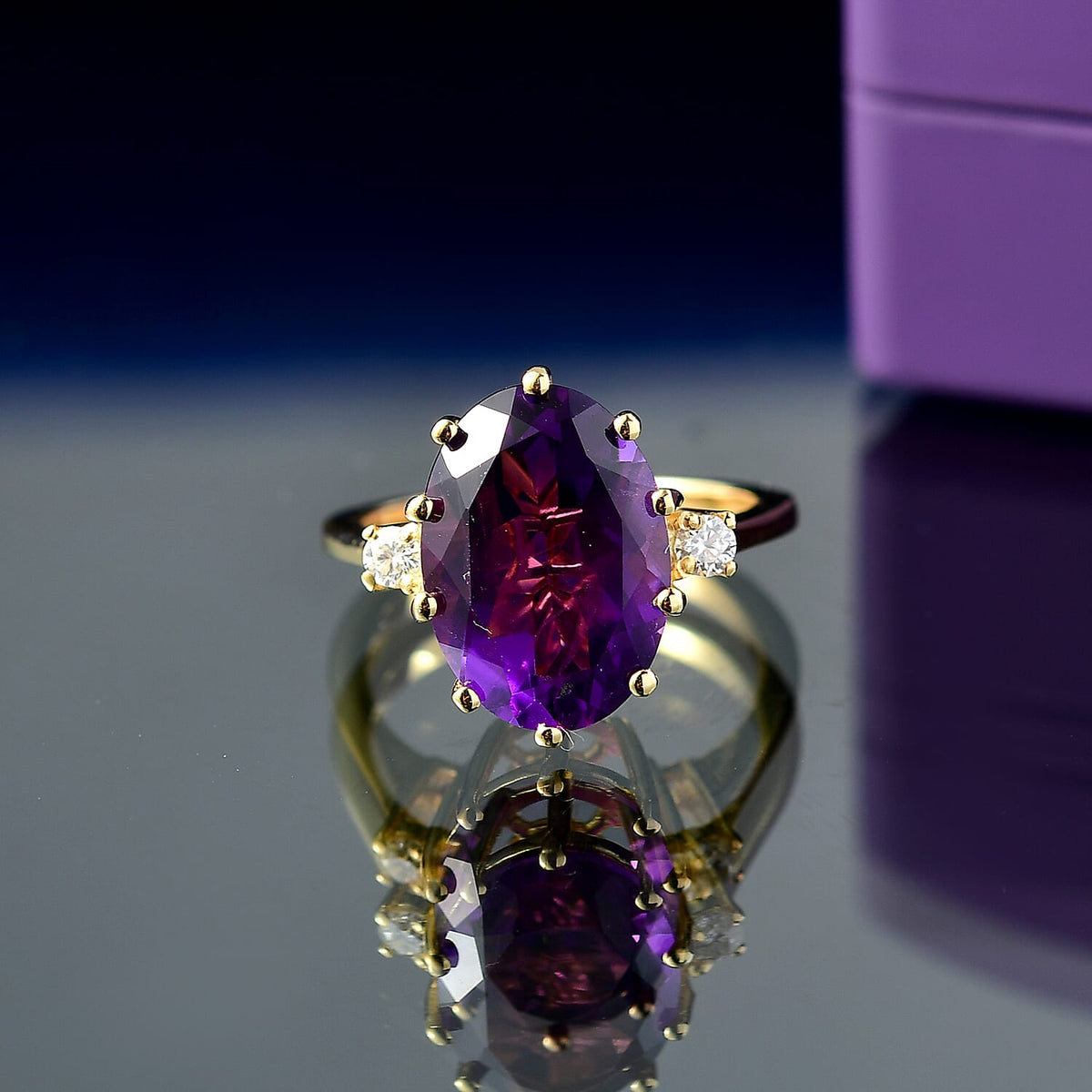 D'joy AAA African Amethyst &amp; Moissanite Solitaire Ring in 14K Yellow Gold Plated Sterling Silver 6.13 Ct. 8188650 1