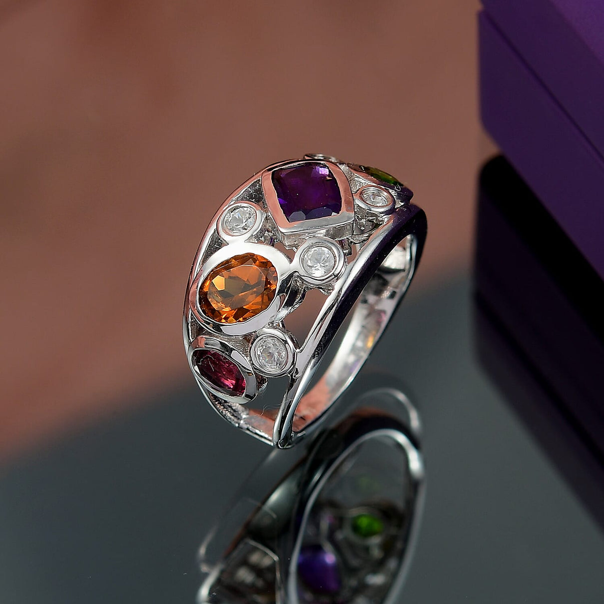 Designer Inspired - African Amethyst &amp; Multi Gemstones Cluster Ring in Platinum Overlay Sterling Silver 2.45 Ct 8196433 1