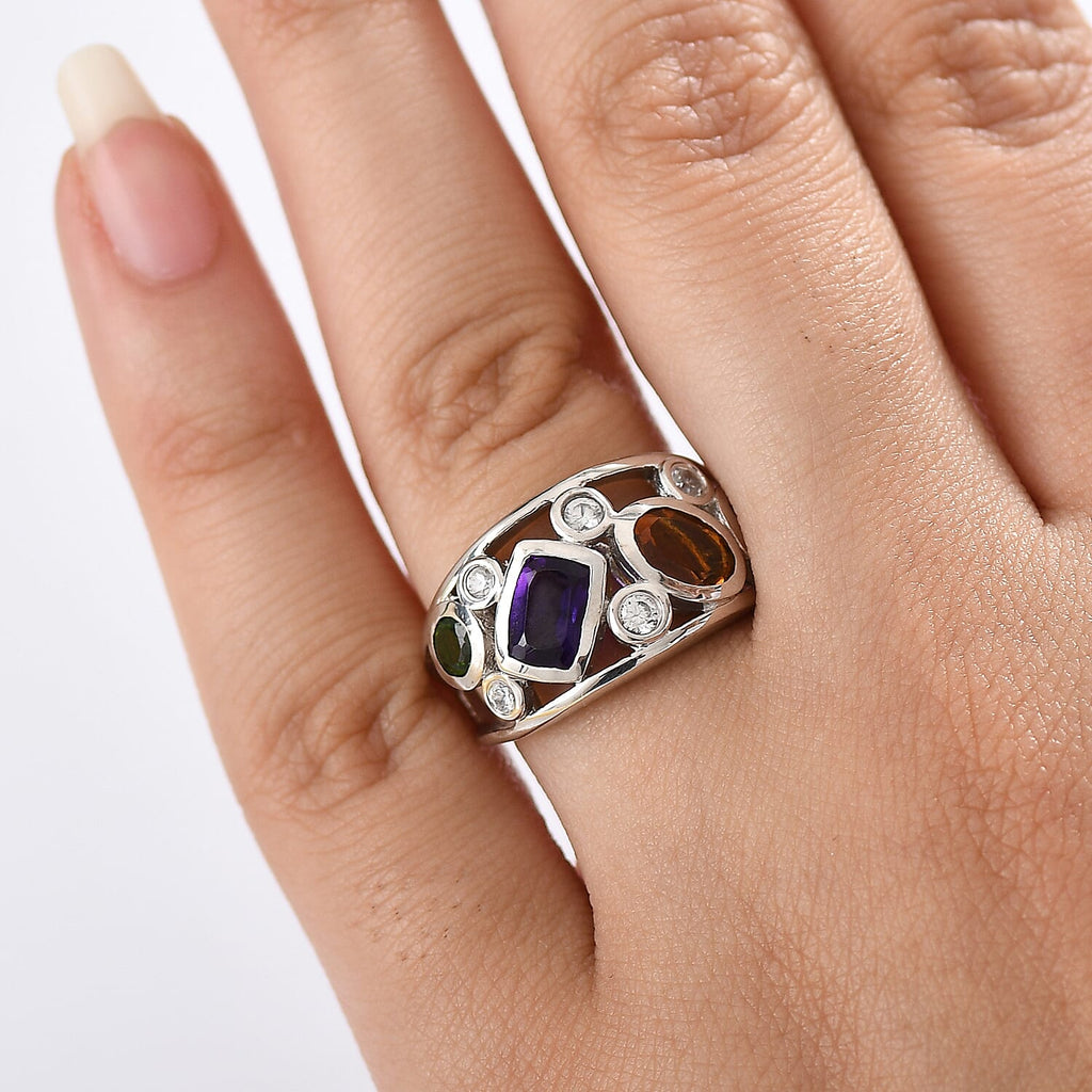 Designer Inspired  - African Amethyst & Multi Gemstones Cluster Ring in Platinum Overlay Sterling Silver 2.45 Ct