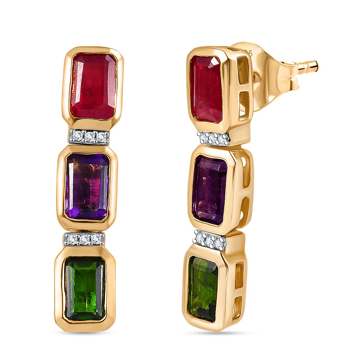D'joy Natural Chrome Diopside, African Ruby and White Zircon Dangling Earring in Yellow Gold Plated Sterling Silver 4.04 Ct. 8214700 0